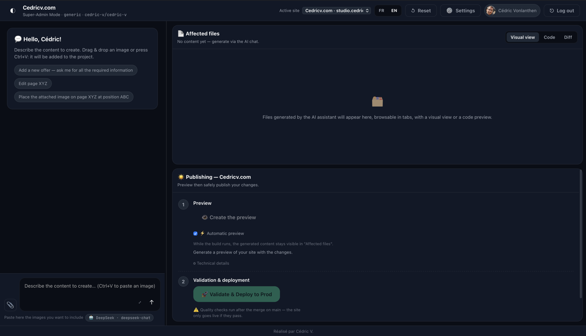Studio Clarté dashboard: AI chat, generated files and two-step publish panel