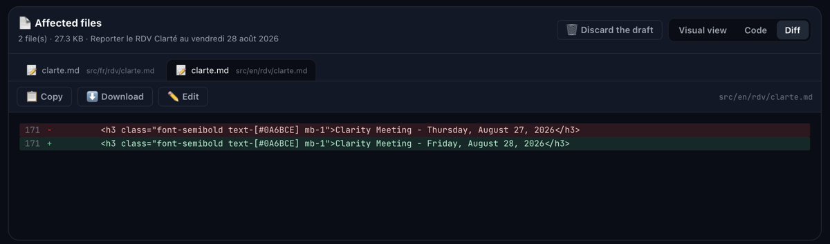 File open in Edit mode in Studio Clarté: diff and save