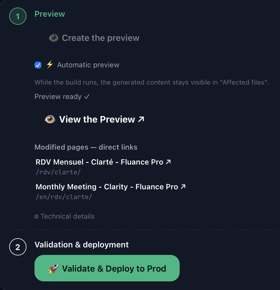 Studio Clarté: preview link and Validate & Deploy to Prod button