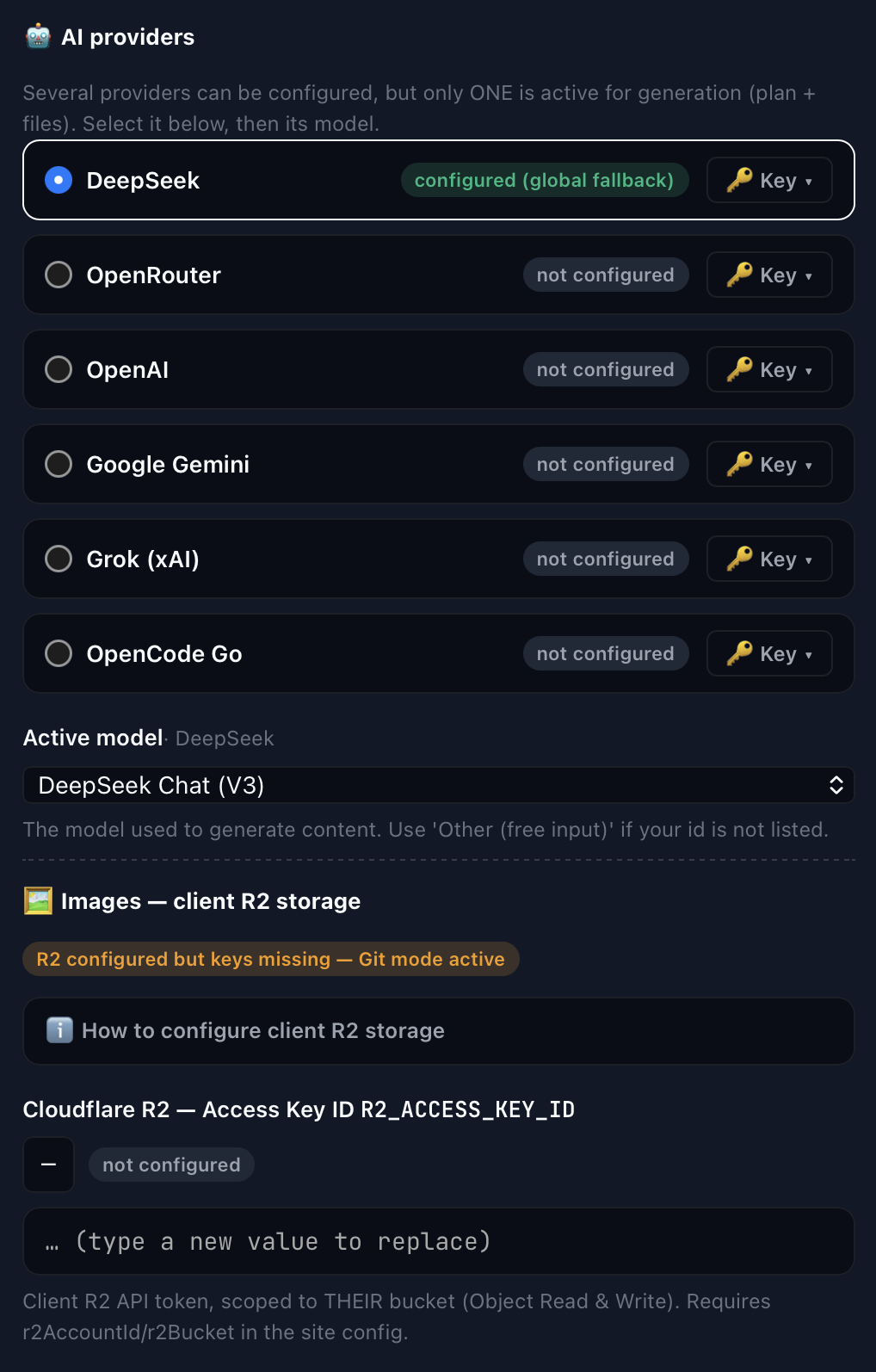 Studio Clarté settings: masked AI keys